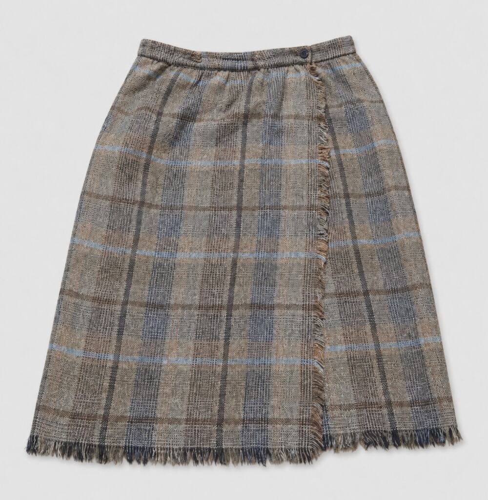 Vintage Parsons Place Wool Blend Plaid Wrap Skirt Fringe Hem size 12